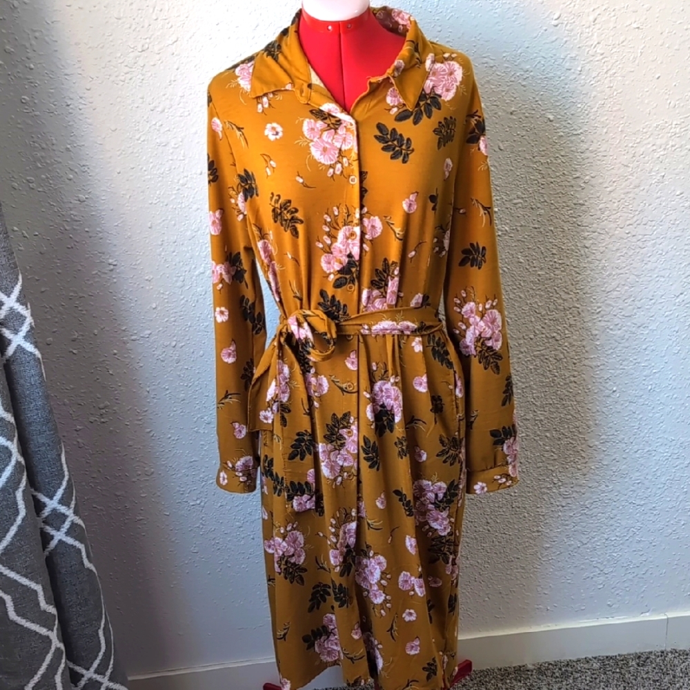 LuLaRoe Button Floral Mustard Long Sleeve Dress Belt & Pockets Women's Large
